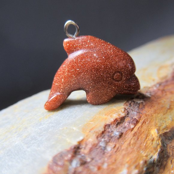 Goldstone Porpoise Charm, Carved Stone Dolphin - Picture 2 of 6